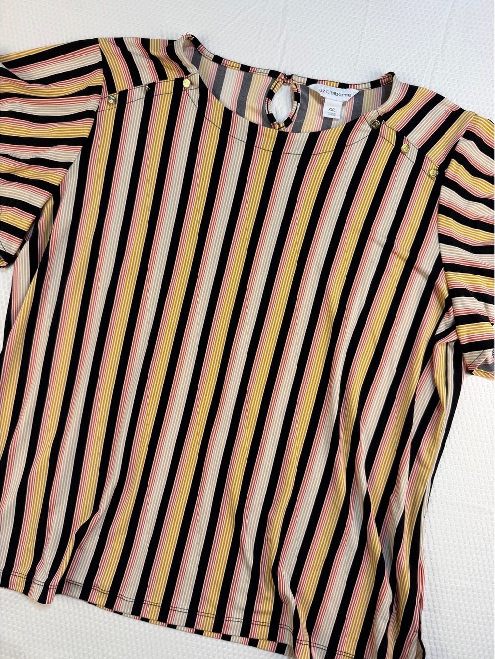 Liz Claiborne Womens XXL Striped Ruffle Sleeve Blouse Keyhole Boho Multicolor